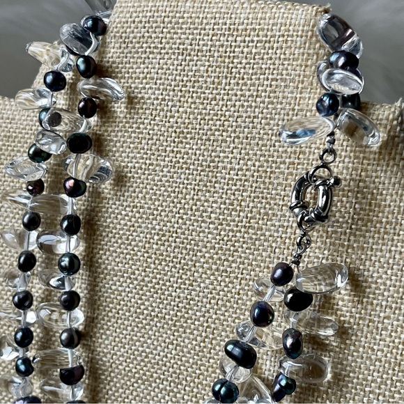 Rock Crystal Gemstones Black Rainbow Freshwater Pearls Two Strand 17"  Necklace - Picture 10 of 13